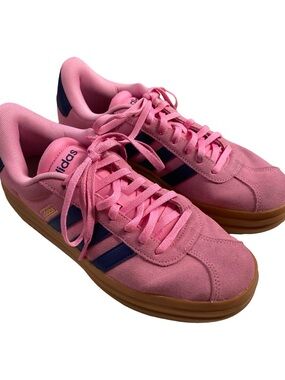 adidas Women's Pink Suede Sneakers with Navy Stripes and Gum Sole